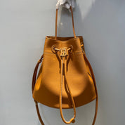 2 colors cow leather drawstring bucket bag