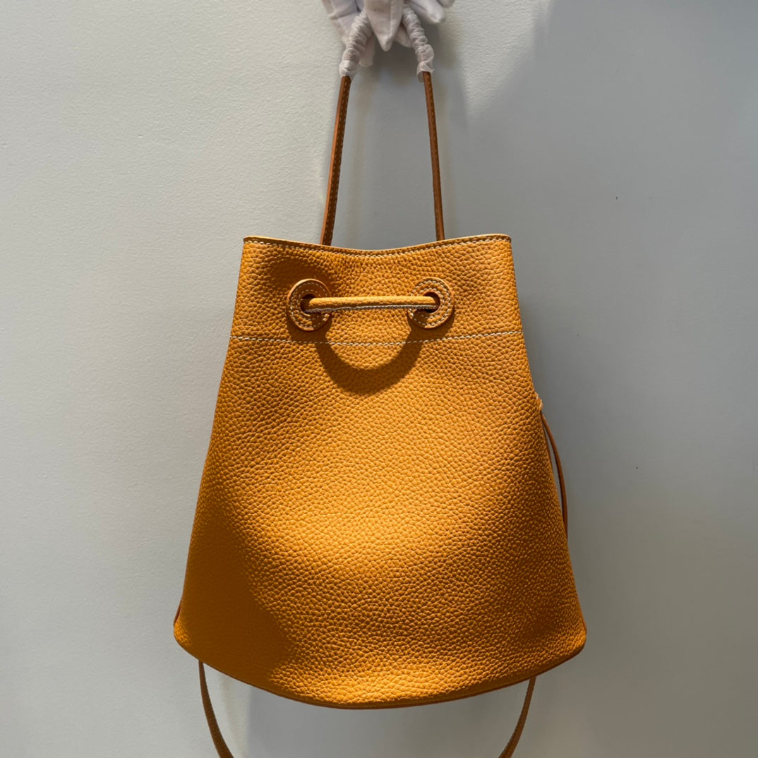 2 colors cow leather drawstring bucket bag