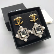 Fashion CC Square Pendant Rhinestone Pearl Earrings