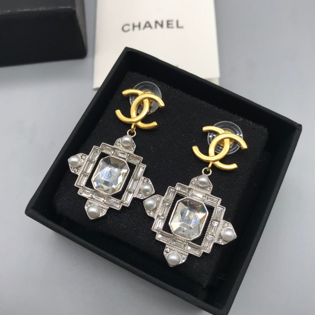 Fashion CC Square Pendant Rhinestone Pearl Earrings