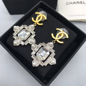 Fashion CC Square Pendant Rhinestone Pearl Earrings