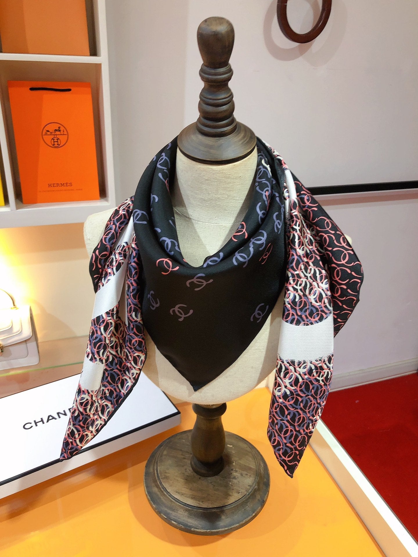 Fashion CC letter stripe printed silk scarf