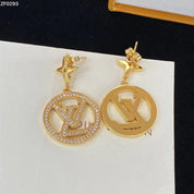 Fashion CC Rhinestone Five-pointed Star Round Pendant Earrings