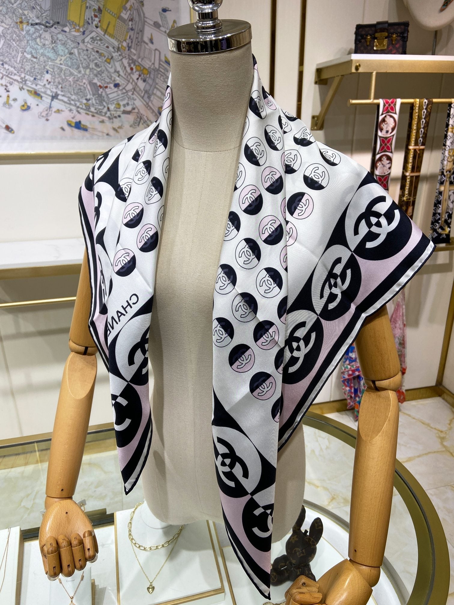 Fashion CC letter stripe printed silk scarf