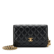 Black Quilted Lambskin Pearl Crush Wallet on Chain Gold Hardware