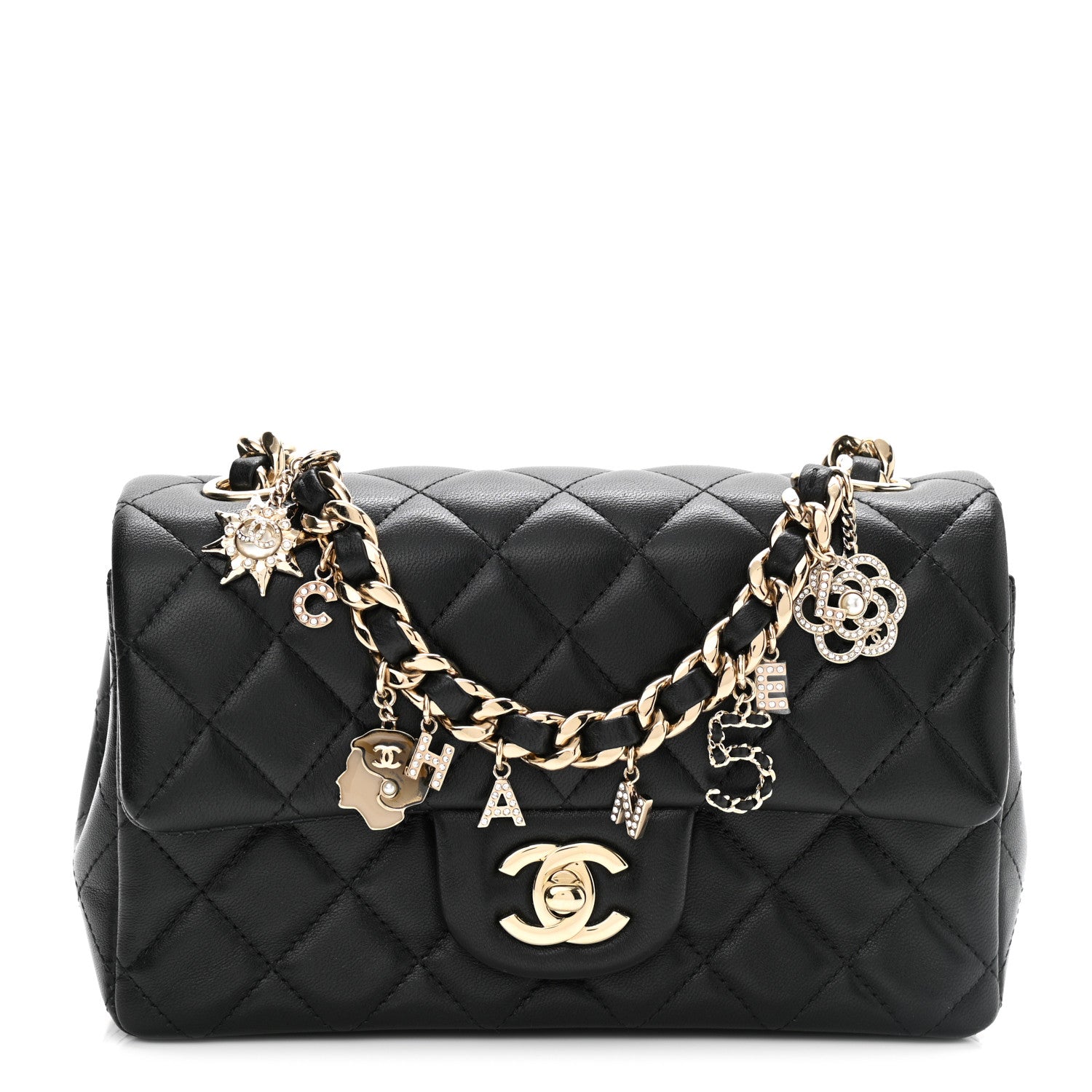 Lambskin Quilted Mini Coco Charms Rectangular Flap Black