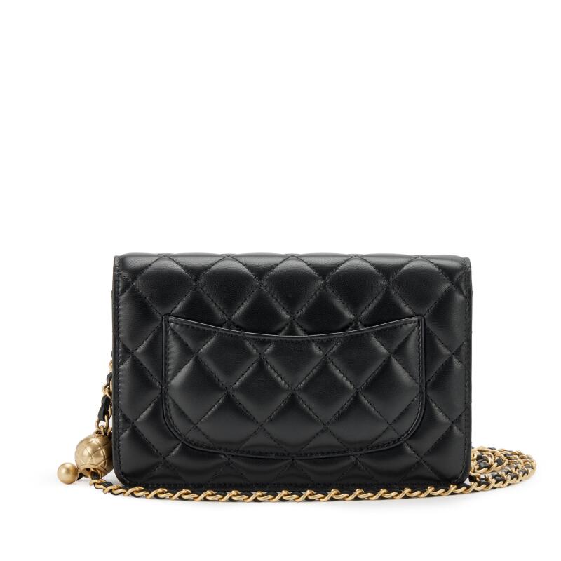 Black Quilted Lambskin Pearl Crush Wallet on Chain Gold Hardware