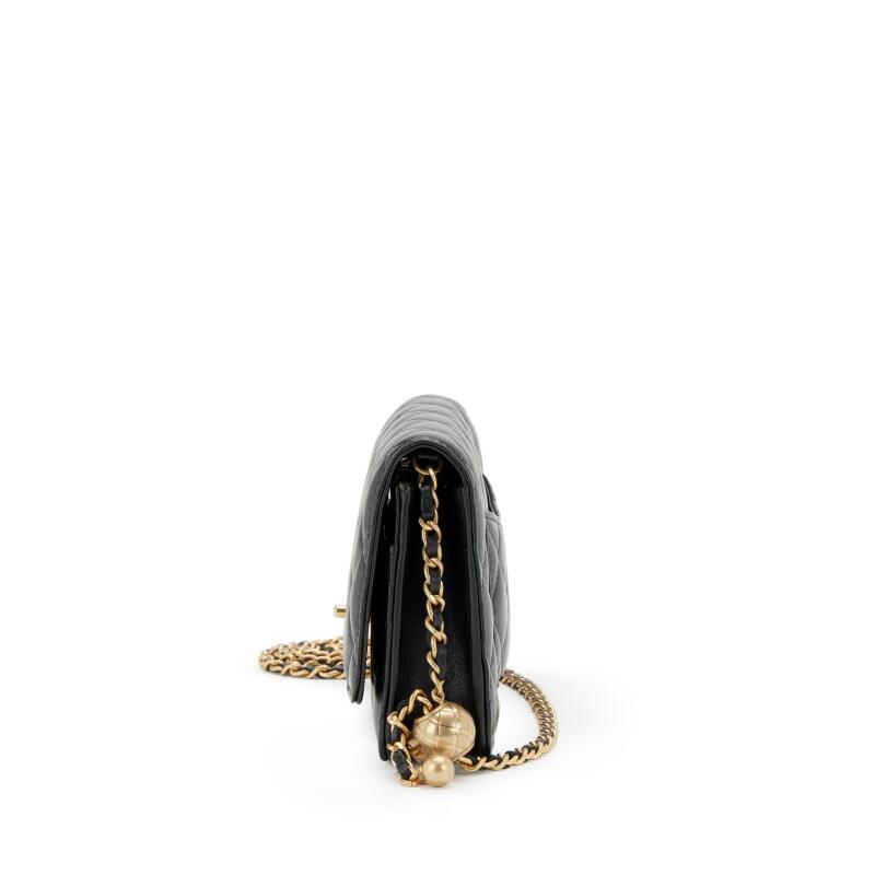 Black Quilted Lambskin Pearl Crush Wallet on Chain Gold Hardware